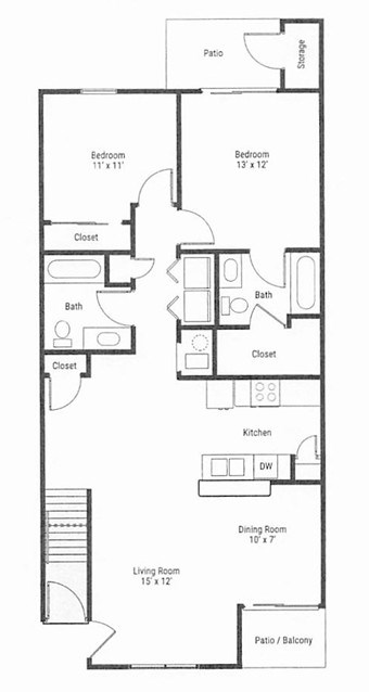 Floor plan for 2 beds, 2 baths, 1124 sqft